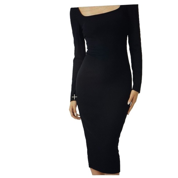 Midi Dress Long Sleeve Bodycon Ribbed Knit Square Neck Stretch Black Size 0 - Picture 5 of 6
